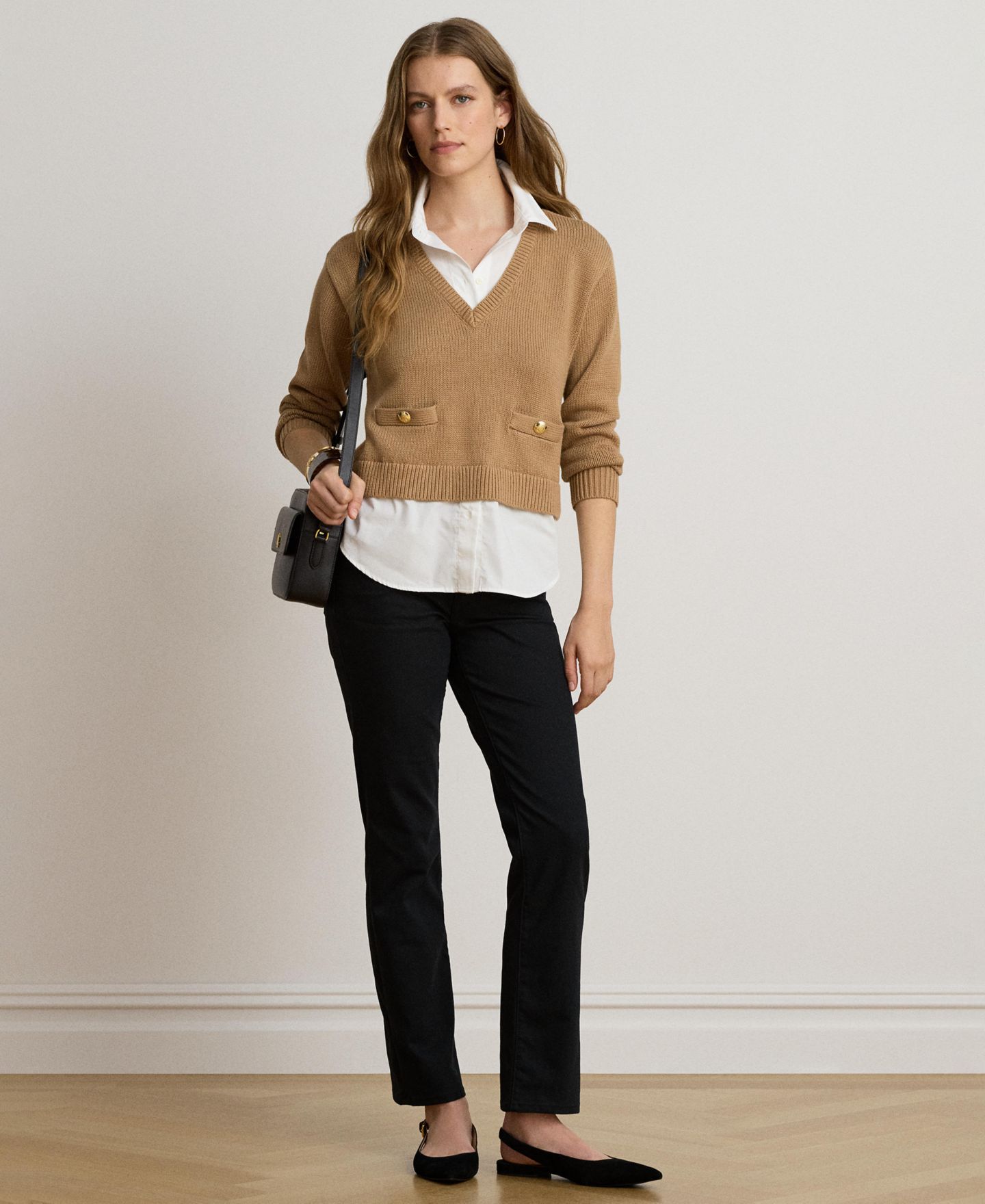 Женский свитер Lauren Ralph Lauren V-Neck Long-Sleeve Relaxed-Fit Cotton, цвет: Верблюжий / Белый — фото 4