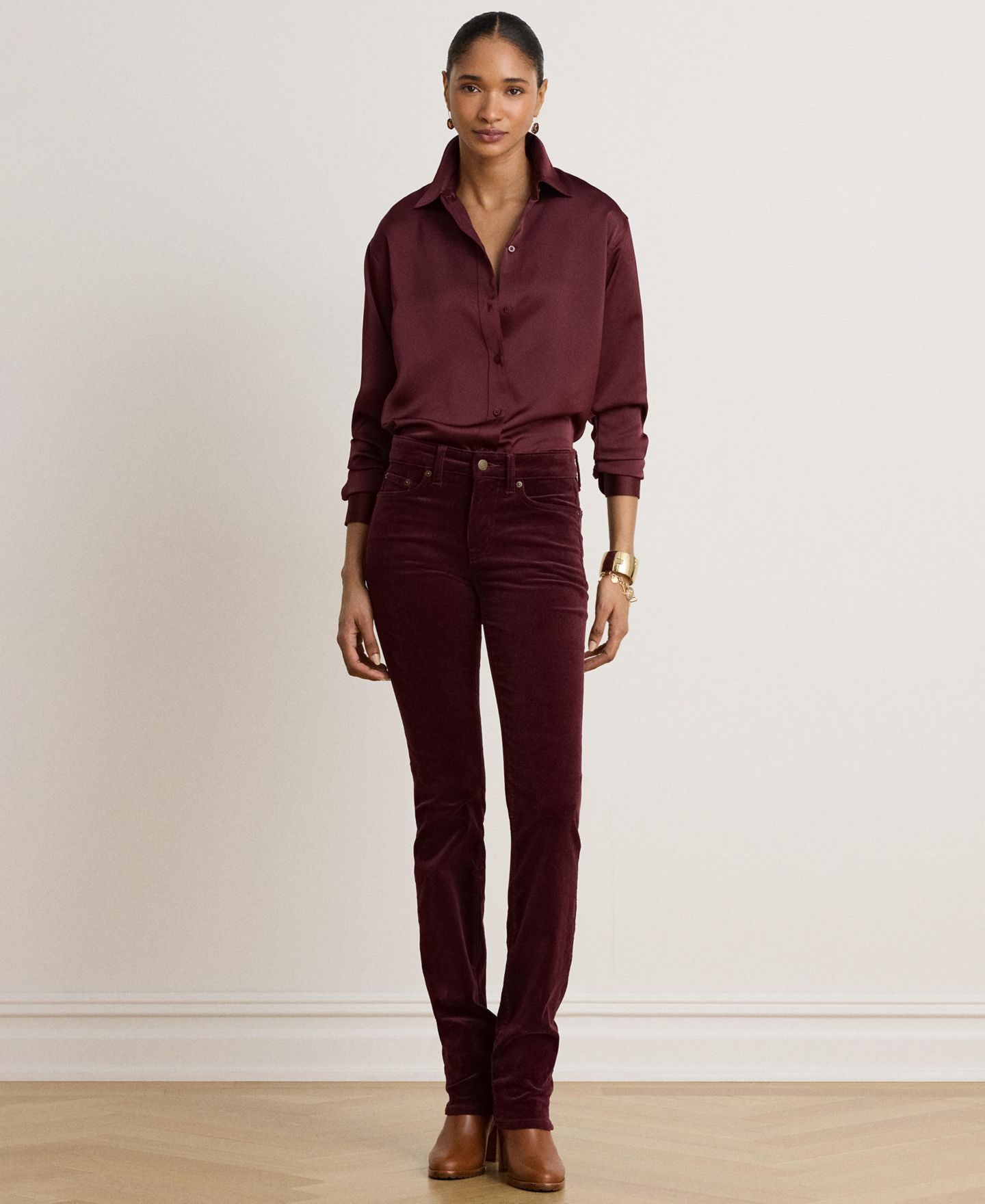 Женская рубашка Lauren Ralph Lauren Relaxed-Fit Satin Charmeuse, цвет: Тёмный гранатовый — фото 3