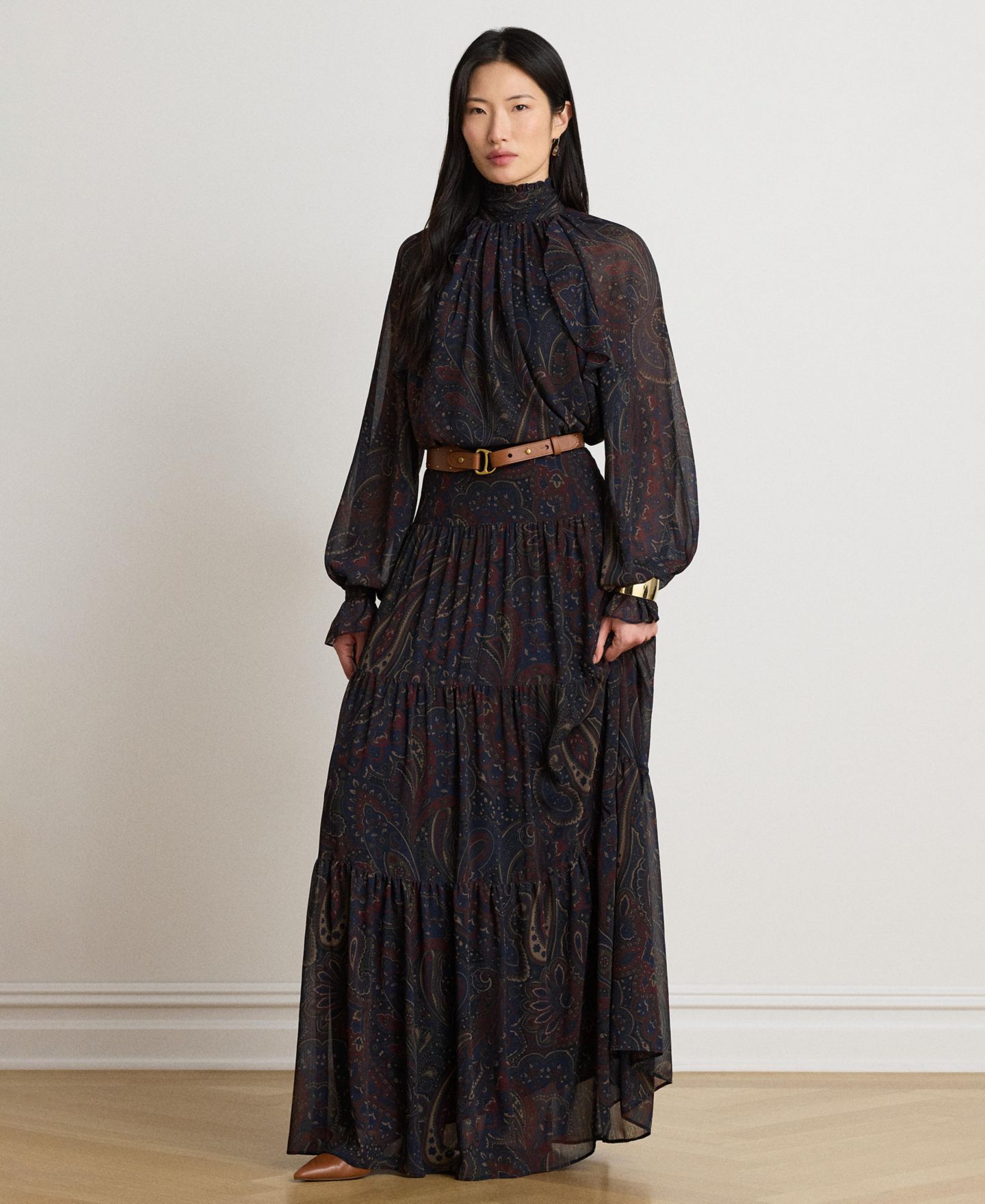 Женская блузка Lauren Ralph Lauren с узором пейсли, воротник-стойка, длинный рукав, цвет: Тёмно-синий разноцветный — фото 3