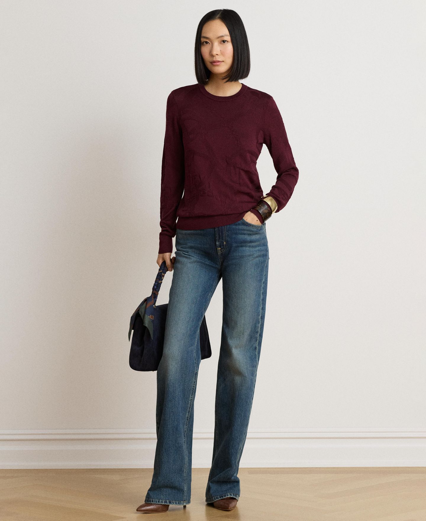 Женский свитер Lauren Ralph Lauren Belting-Motif Slim-Fit Cotton-Blend, цвет: Тёмный гранатовый — фото 3