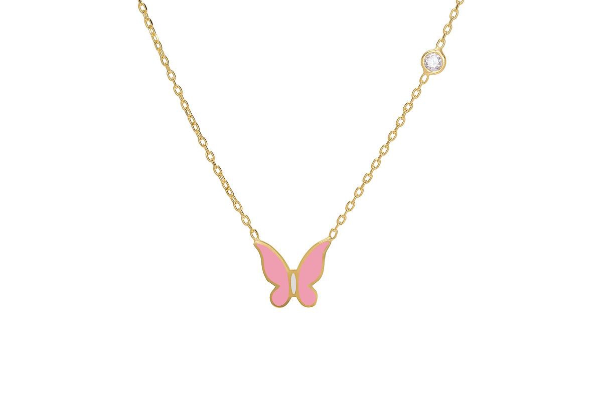 Lily Nily Butterfly and Cubic Zirconia Bezel Station Necklace in 14K Gold - Pink