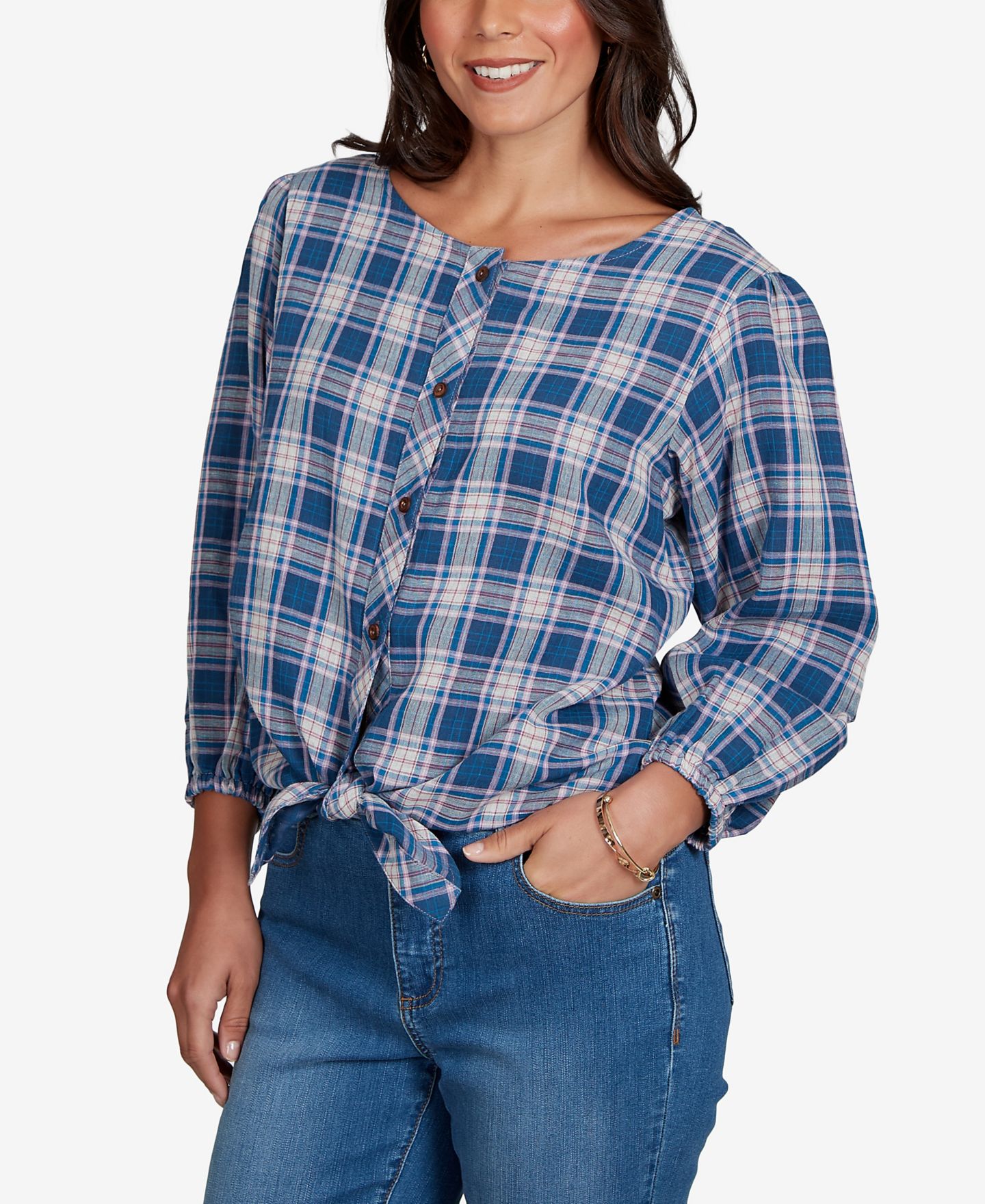 Женский топ Ruby Rd. Petite Homestead Plaid 3/4-Sleeve Button-Front, цвет: Разноцветный — фото 2