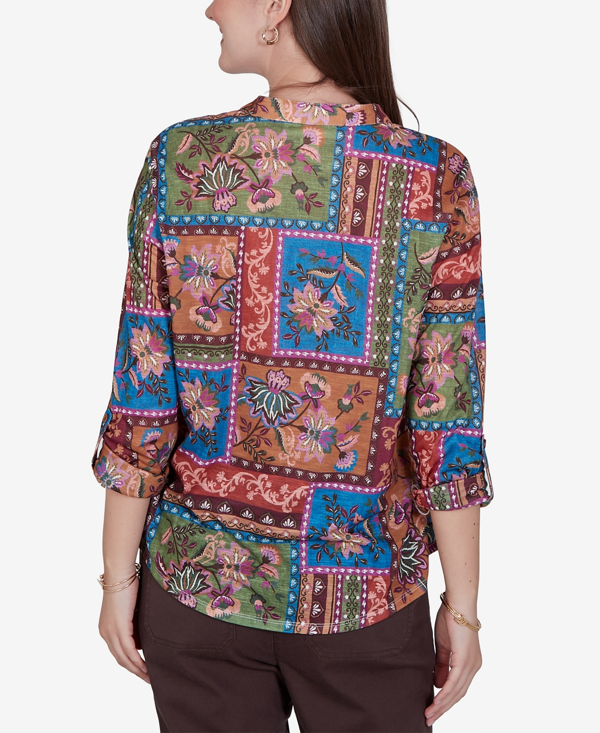 Ruby Rd. Petite Tapestry Top 3/4-sleeve Floral-print Button-front Blouse In Multi