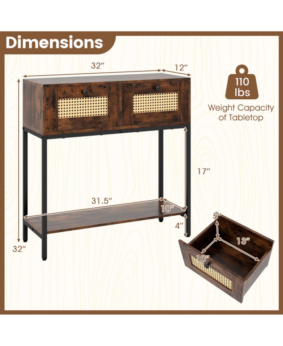 Sugift Boho Rattan Console Table with 2 Woven Drawers and Open Storage Shelf