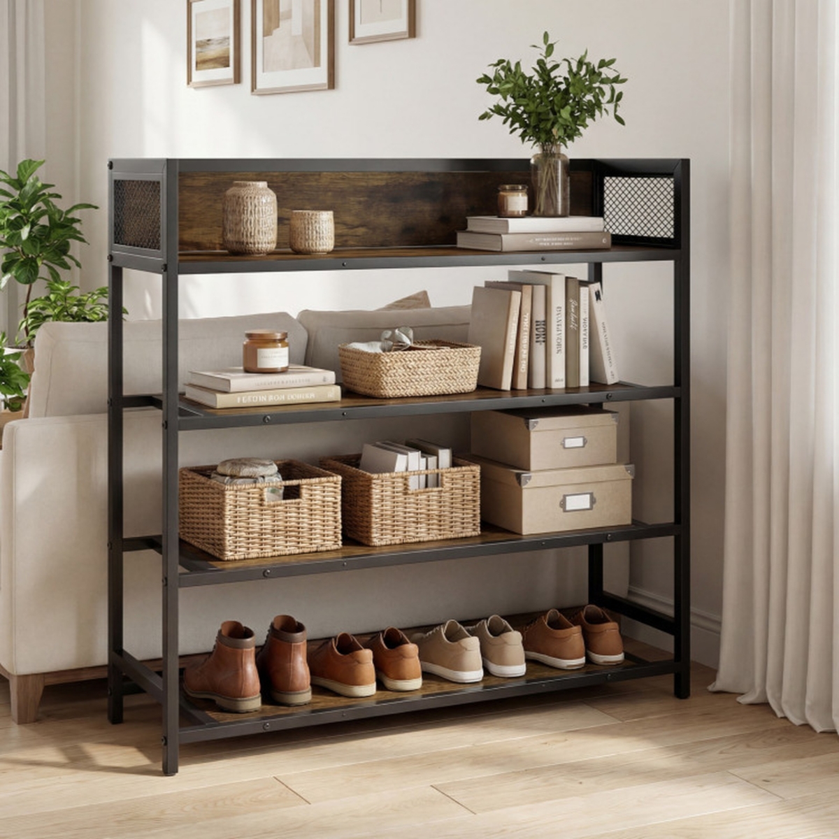 Sugift 4-Tier Industrial Shoe Rack with Heavy Duty Metal Frame and Anti-Fall Guardrails