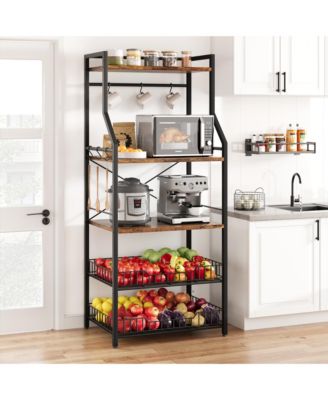 4-Tier Baker's Rack with Microwave Stand – 2 Baskets, 2 Wood Tops, 8 Hooks