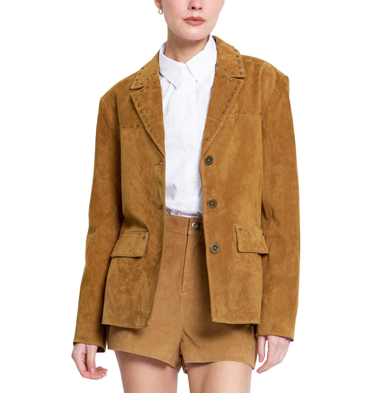 Женский пиджак Central Park West Odessa Studded-Leather Boyfriend Blazer, цвет: Кожаный коричневый — фото 1