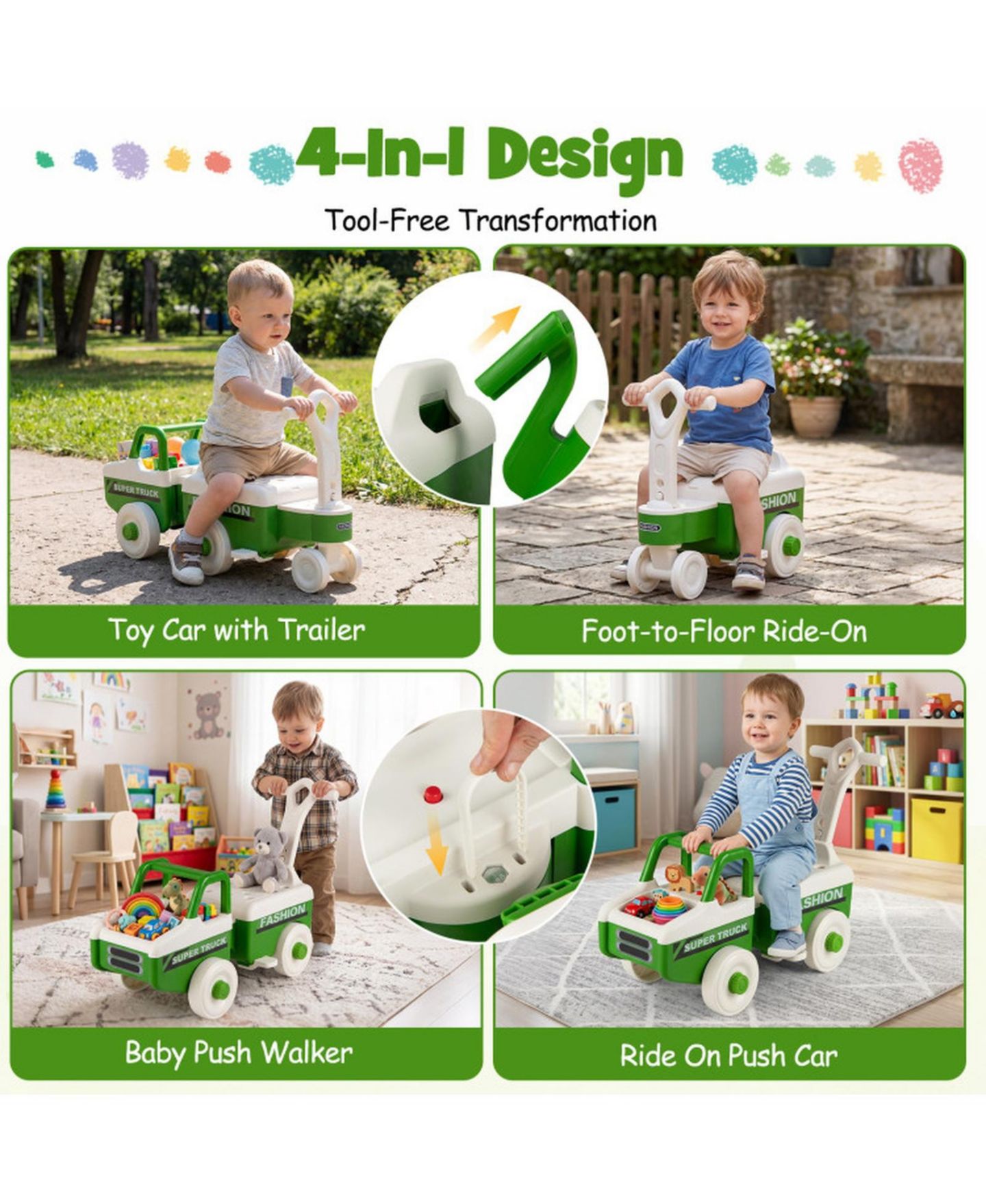 Детская игрушка HONGGE 4-in-1 Kids Ride-On Push Car with Music Trailer and Under-Seat Storage Ages 1.5-5, цвет: Зелёный — фото 8