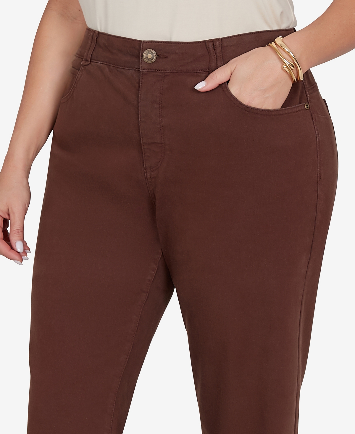 Ruby Rd. Plus Size Colored Denim Mid-rise Straight Pants In Brown
