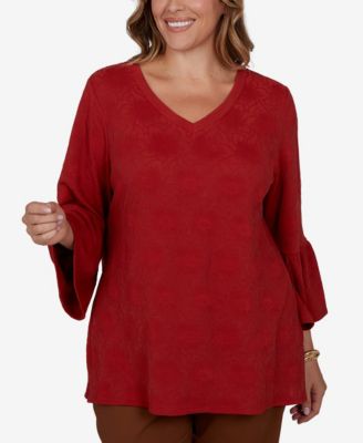 Plus Size V-Neck Floral Bell-Sleeve Blouse