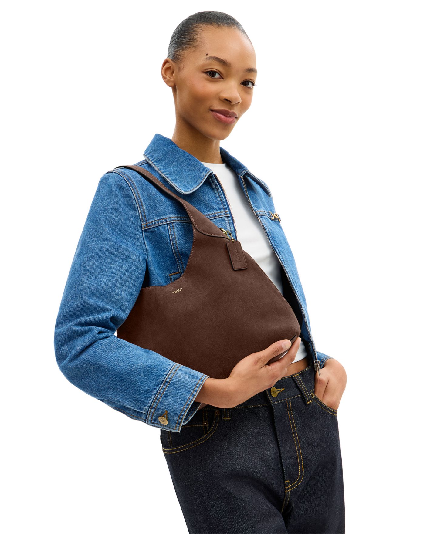 Женская сумка COACH Brooklyn Medium Suede Shoulder 28, цвет: Латунный / Шоколадный — фото 2