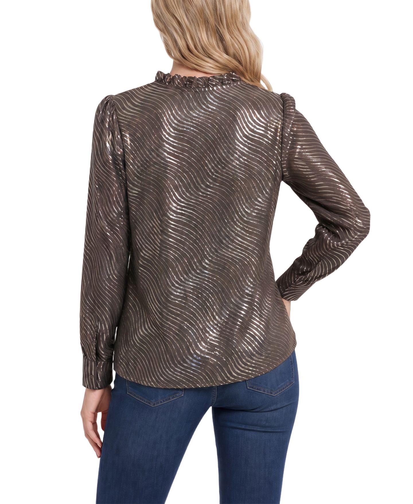 Женская блузка NY Collection Petite Metallic Ruched-Shoulder Long-Sleeve V-Neck, цвет: Коричневый серебряный — фото 4