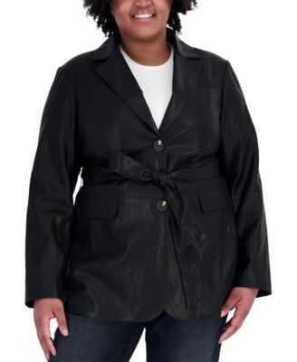 Plus Size Belted Faux Leather Trench Coat