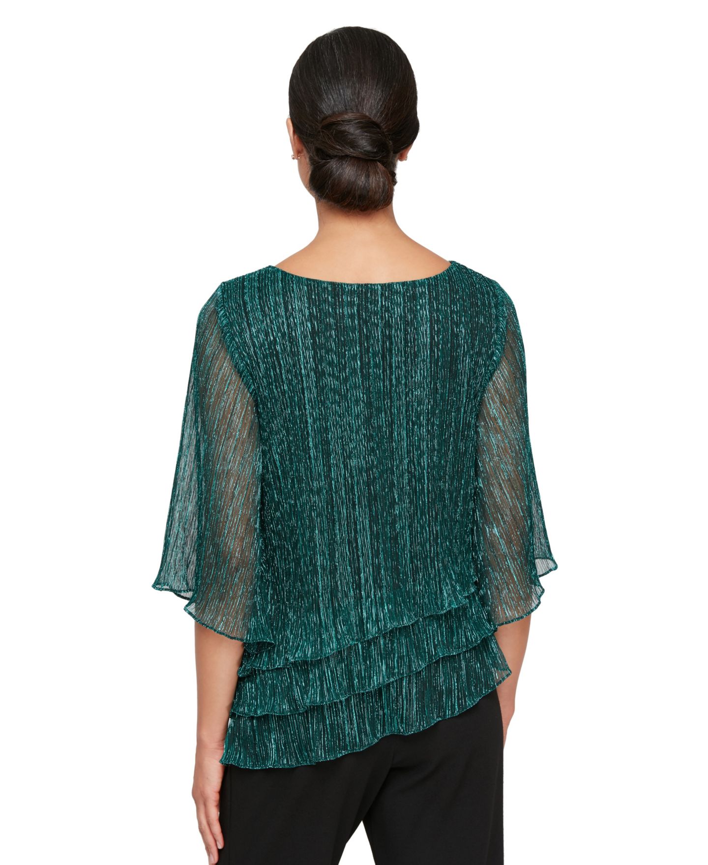 Женская блузка Alex Evenings Metallic Asymmetric Triple-Tier 3/4-Sleeve Blouse, цвет: Чёрный / Зелёный — фото 2