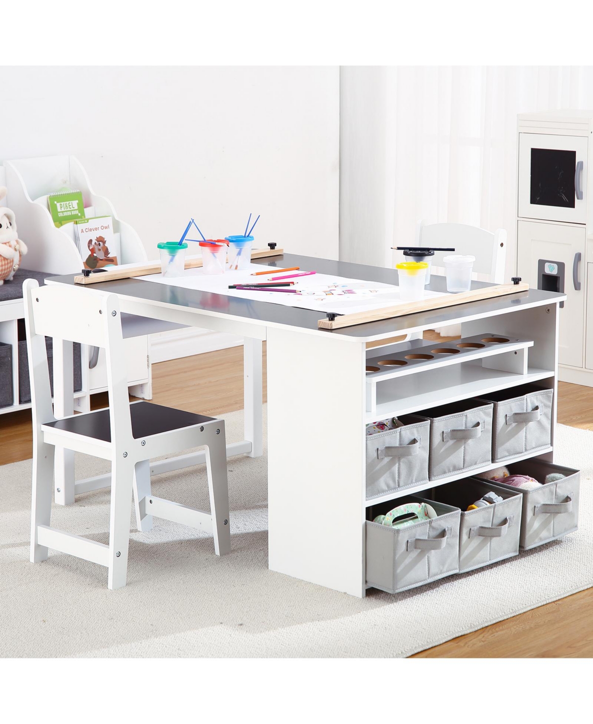 homfan 4-in-1 Kids Art Table Set (Table plus 2 Chairs) - Wooden Activity Desk with Storage Bins, Easel, Drawing and Study