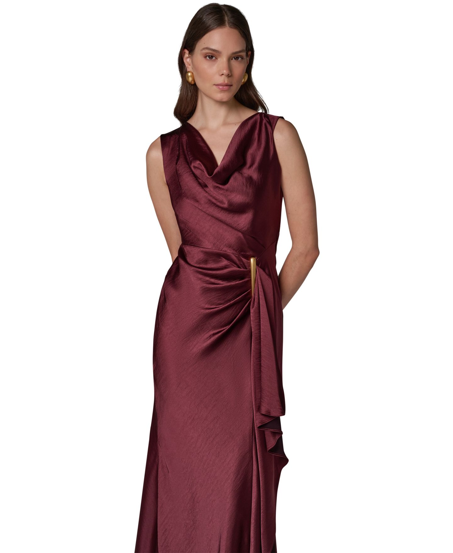 Женское платье Donna Karan New York Sleeveless Cowl Neck Satin Ruched Gown, цвет: Чёрный вишнёвый — фото 2