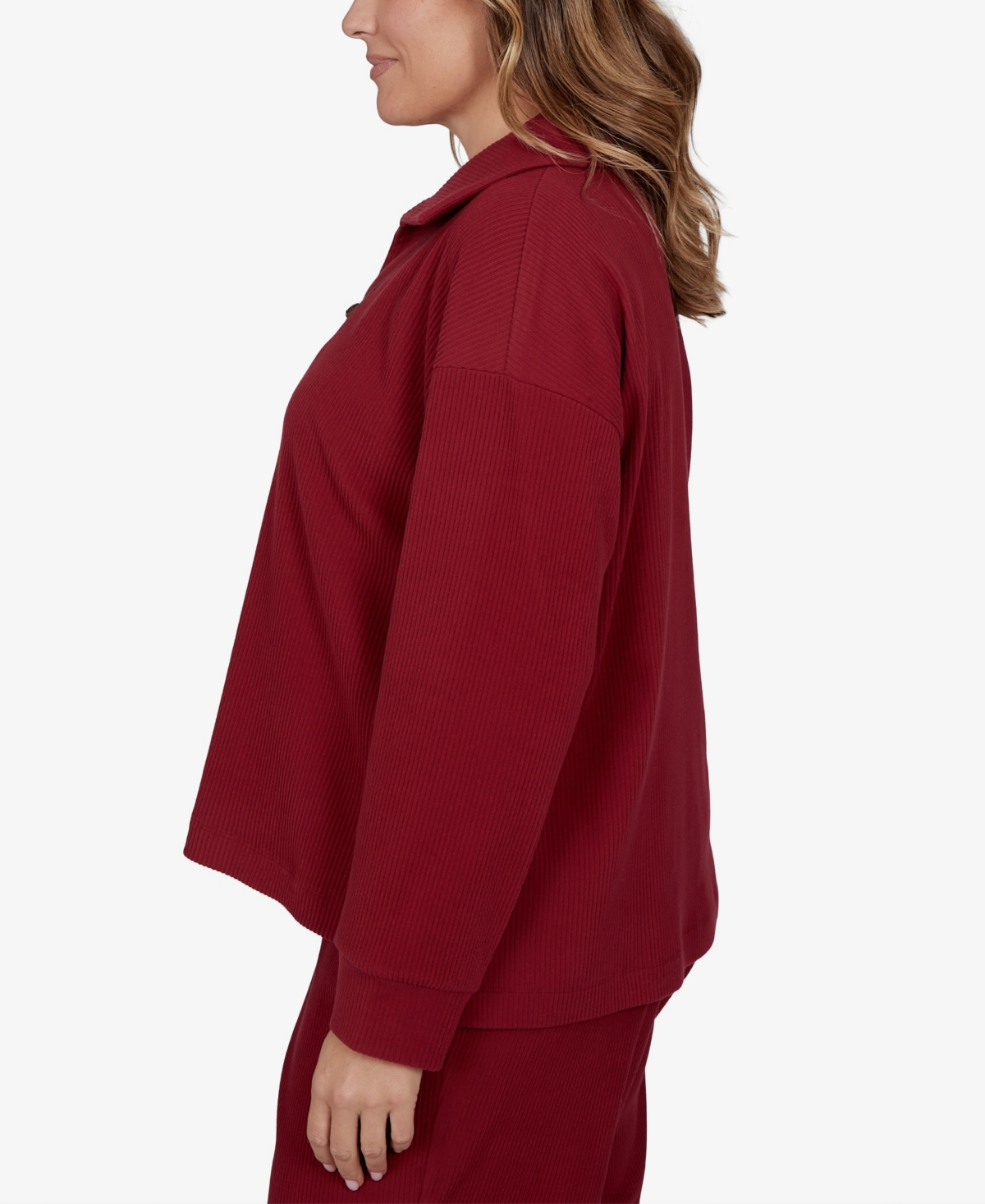 Ruby Rd. Plus Size Collared Long-sleeve Ribbed Top In Red