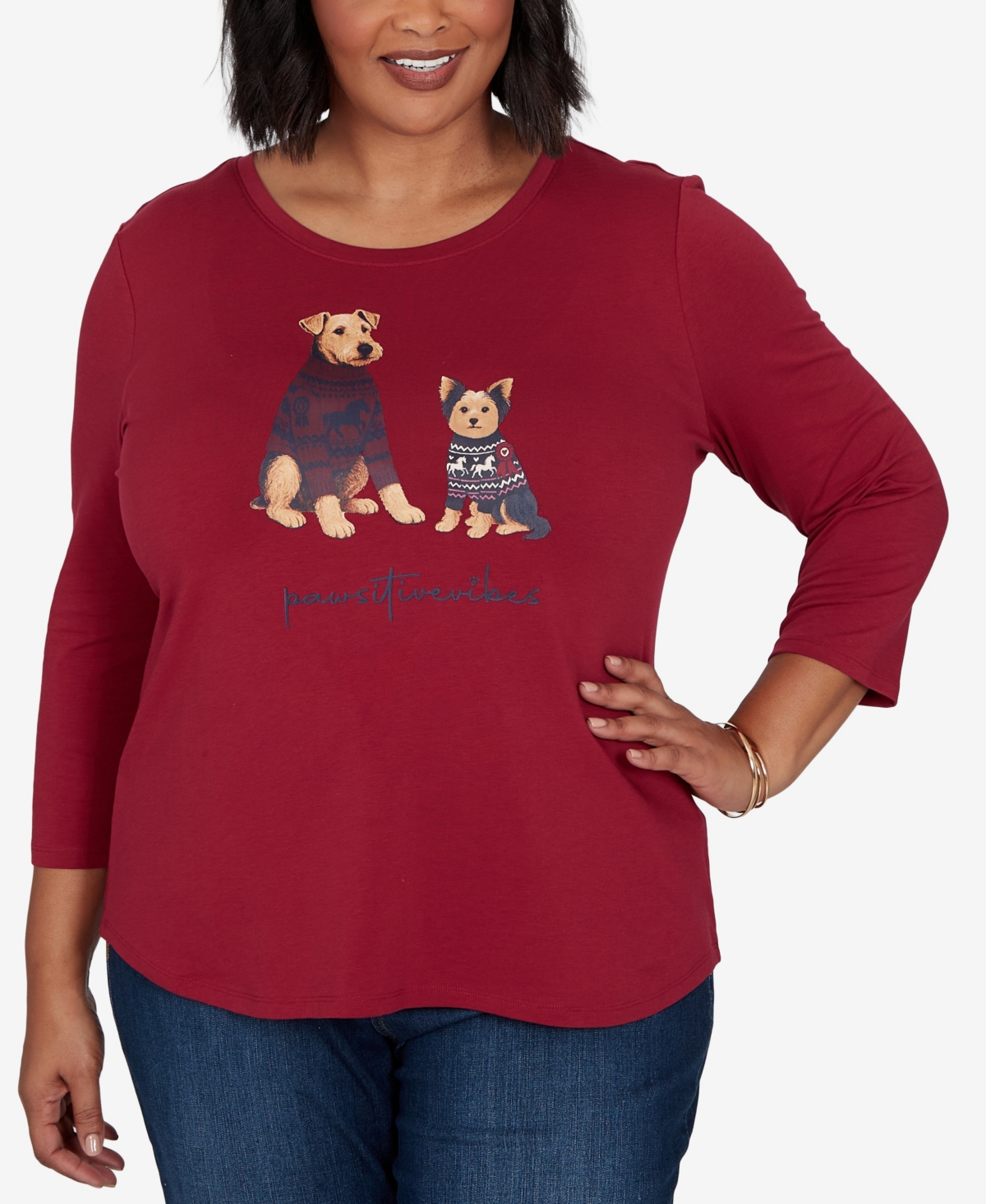 Ruby Rd. Plus Size Pawsitive Boat Neck 3/4-sleeve Graphic T-shirt In Red