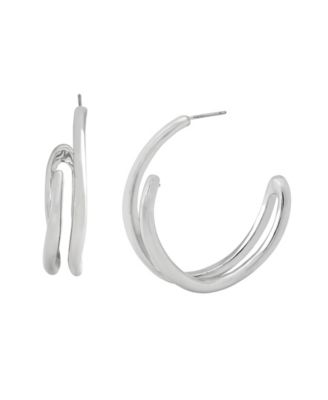 Rhodium Fluid Bypass Medium Hoop Earrings