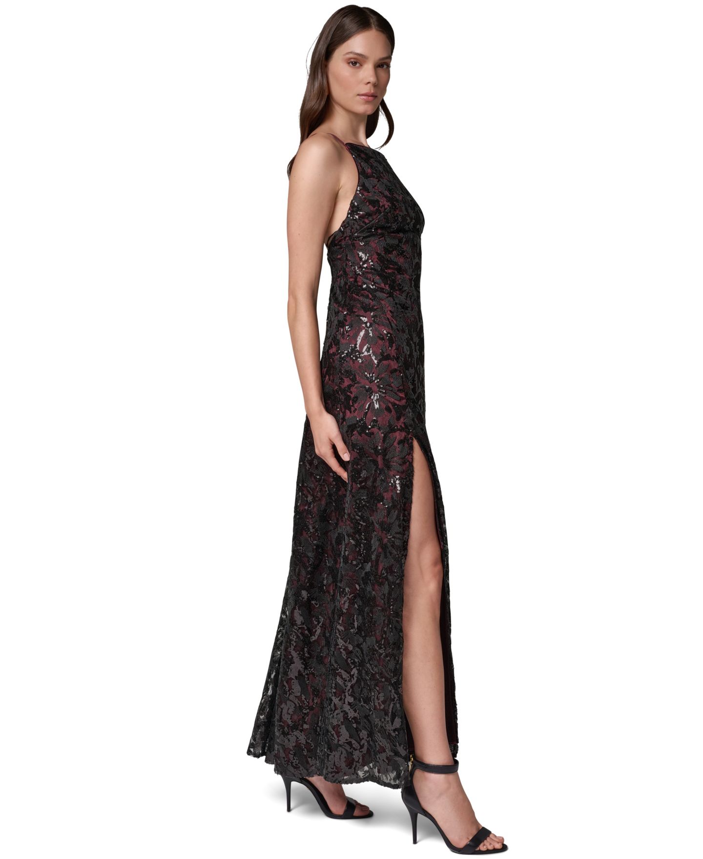 Женское платье Donna Karan New York Sleeveless Sequin-Embroidered Low V-Back Gown, цвет: Чёрный вишнёвый — фото 2
