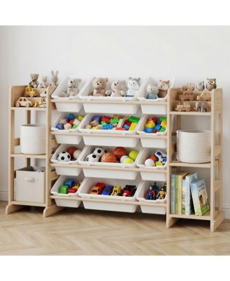 Kids Toy Storage Organizer 52.3" Wide Solid Wood Bookshelf Cabinet with 12 Removable Bins and 6 Shelves Cubby Storage