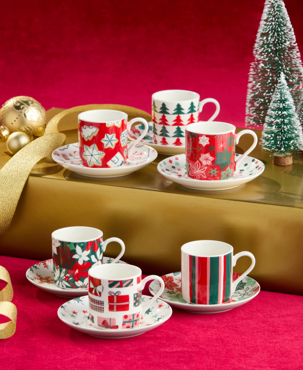 Certified International Holiday Spruce Espresso Cup Saucer Set, Service for 6