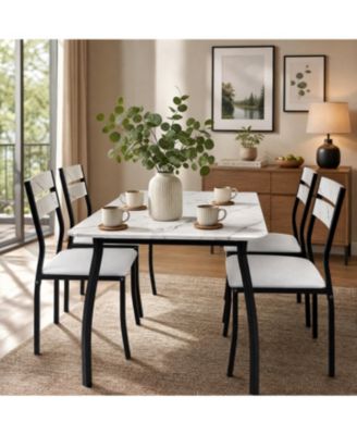 Dining Table Set 5 Piece White Modern Metal and Wood Space-Saving with Cushioned Chairs Chamfered Edge for Apartment Kitchen Breakfast Nook