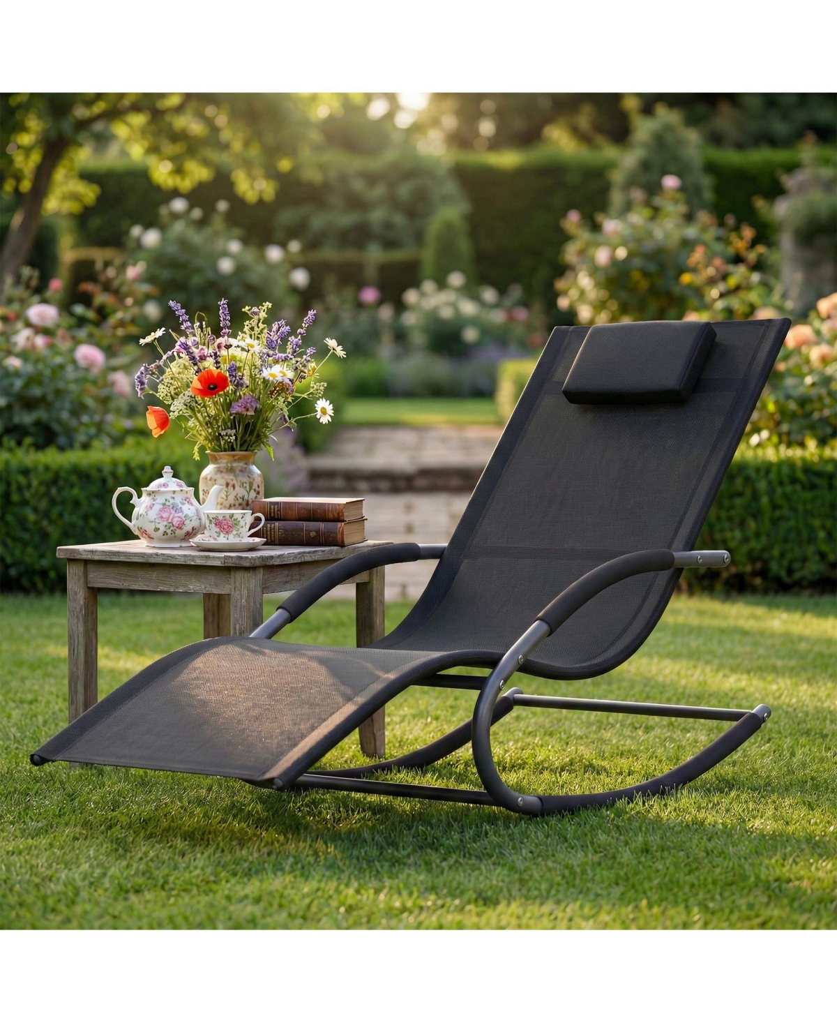 gaomon Outdoor Lounge Chair Set of 2 Patio Recliner with Pillow Breathable Mesh Steel Frame Heavy Duty Rocking Chaise for Pool Lawn Garden Backyard