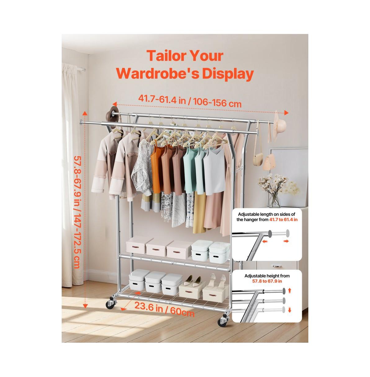 Slickblue Carbon Steel Rolling Clothing Rack with 2 Hanging Rods and 2 Storage Shelves for Home