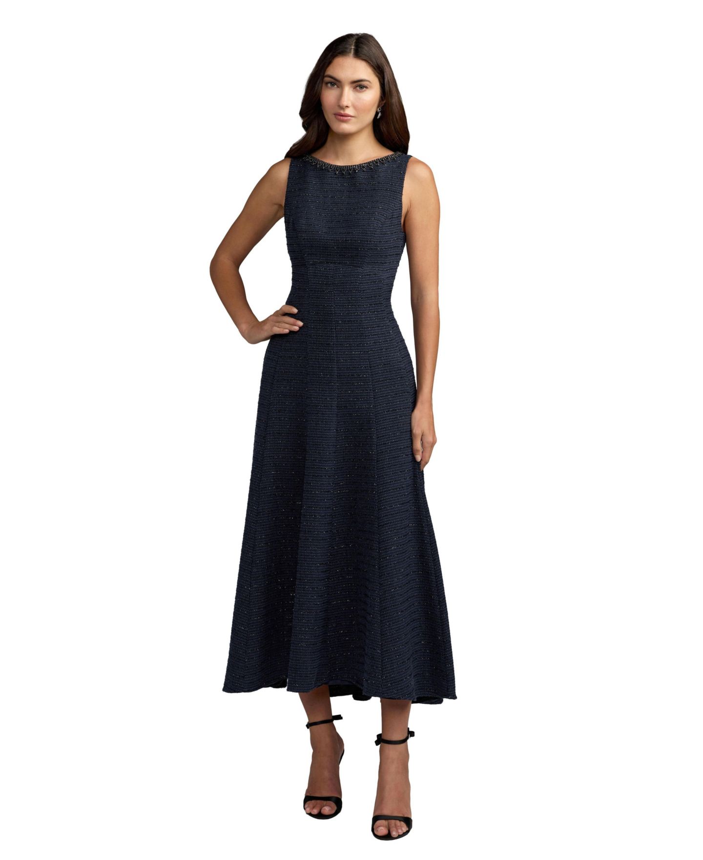 Женское платье Mac Duggal Boat-Neck Bouclé A-Line Midi, цвет: Тёмно-синий — фото 1