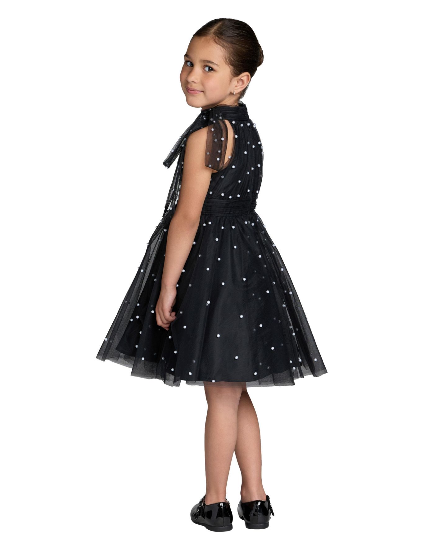 Платье Mac Duggal Pearl Embellished Tulle Fit and Flare Dress для девочек, цвет: Чёрная слоновая кость — фото 2