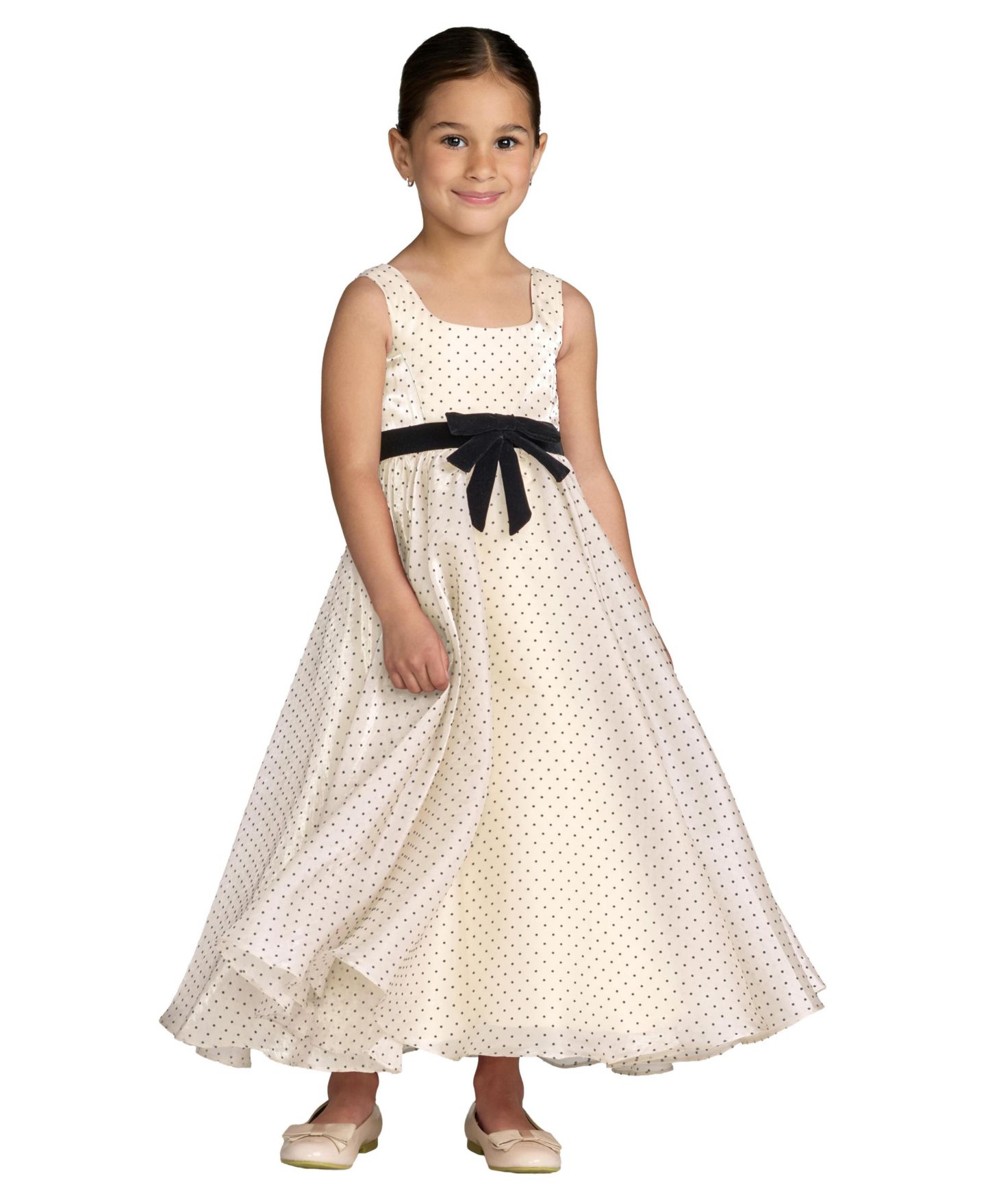 Платье Mac Duggal Polka Dot Chiffon Maxi Dress with Bow Sash для девочек, цвет: Слоновая кость — фото 1