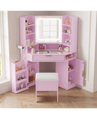 Corner Vanity Desk with Mirror Lights, Multiple Storage, Glass Top, Charging Station, Dimmable LED, Touch Control, Spacious Drawers, Open Cubby