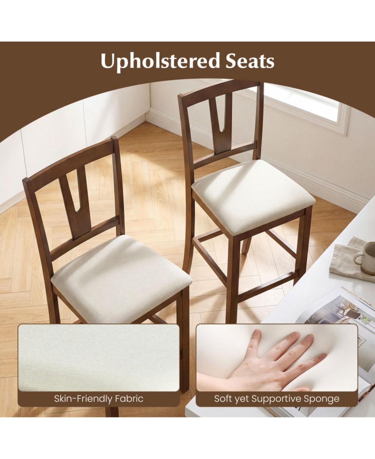 Sugift Counter Height Bar Stools Set of 2 with Contoured V-Back and Upholstered Cushioned Seat