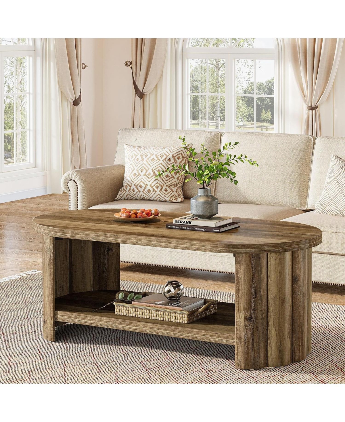 Tribesigns 47.24" Oval Coffee Table with Storage Shelf, Farmhouse