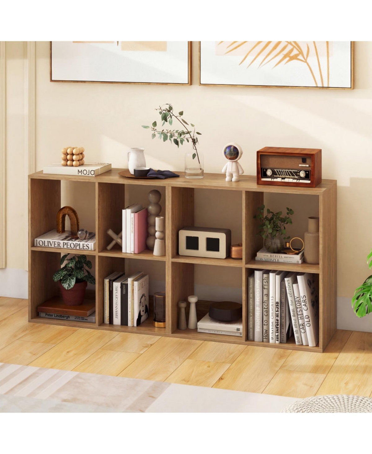 Sugift 4-Cube Bookshelf with Back Guardrail and Open Top