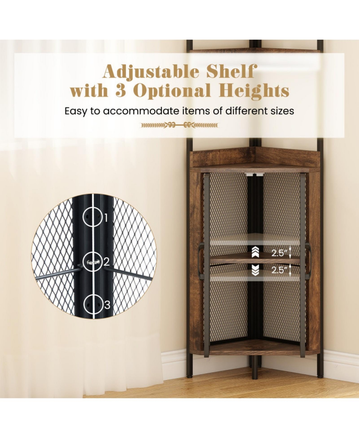 Sugift 67 Inch Tall Corner Bookshelf 6-Tier Industrial Bookcase with Mesh Cabinet
