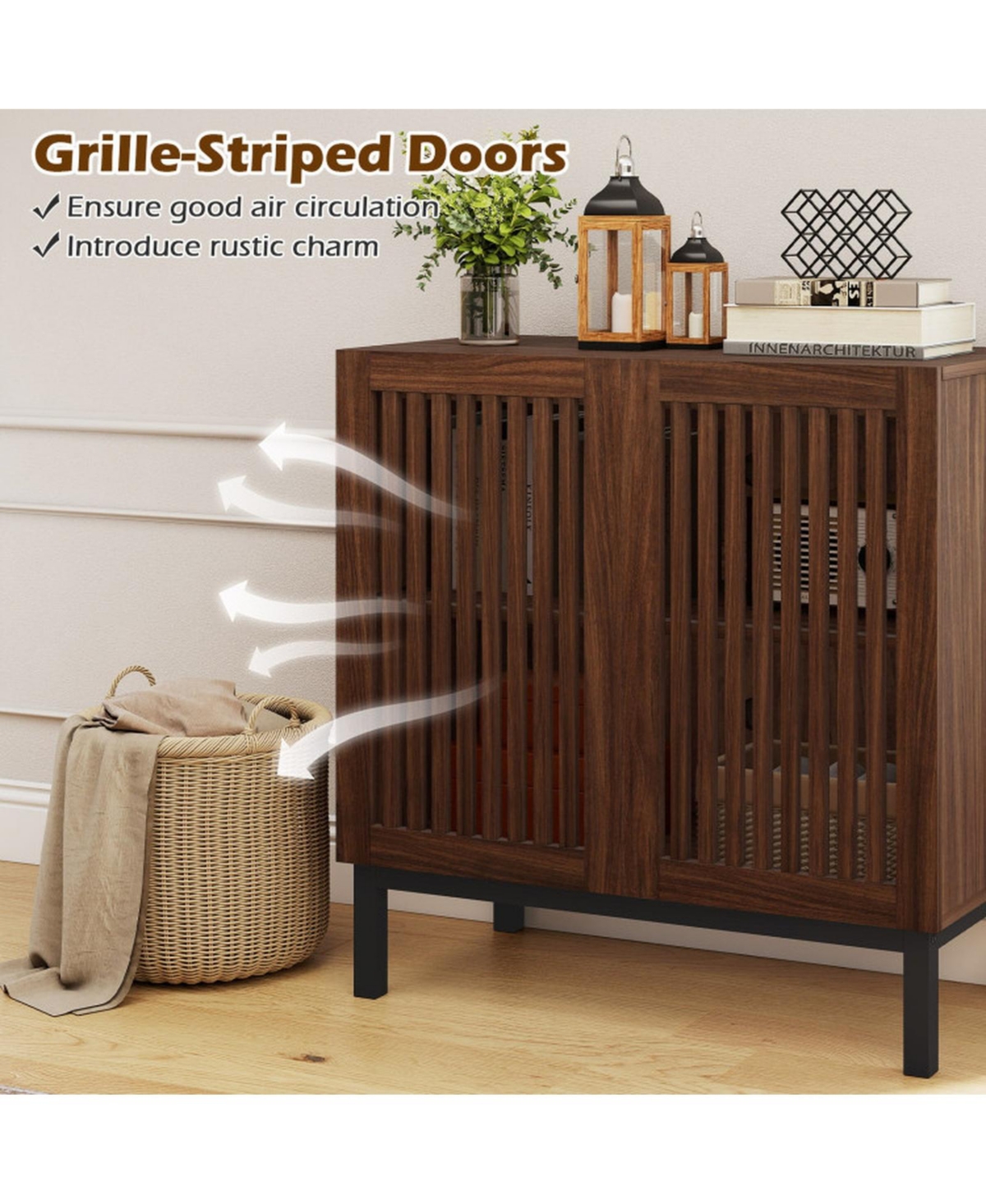 Sugift 32 Inch Farmhouse Buffet Cabinet with Grille-Striped Doors and Adjustable Shelf