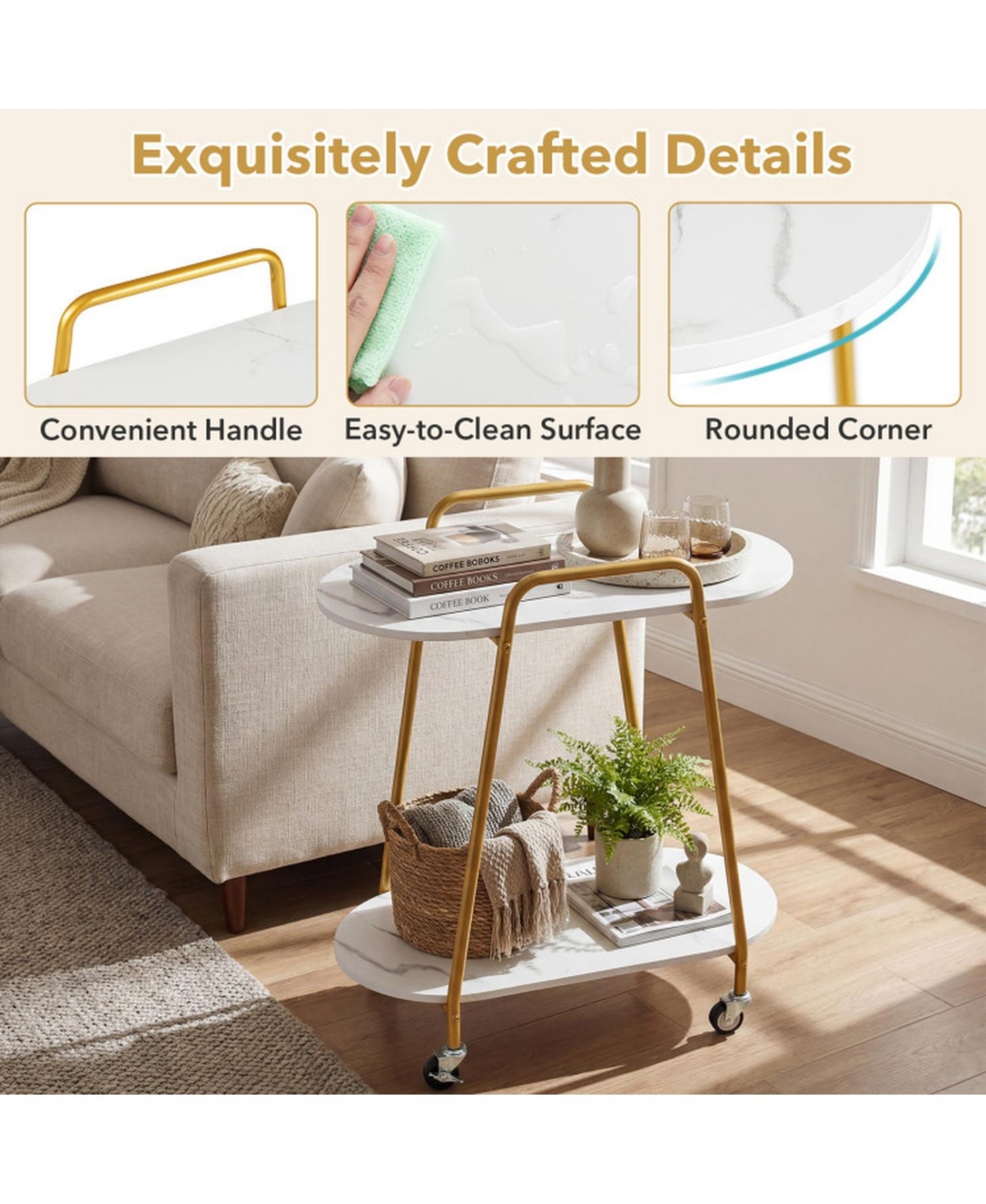 Sugift 2-Tier Rolling End Table with Faux Marble Shelves and Push Handle