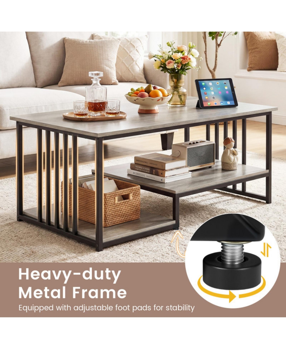 Sugift 43.5 Inch Industrial Coffee Table with 2-Tier Open Storage Shelf