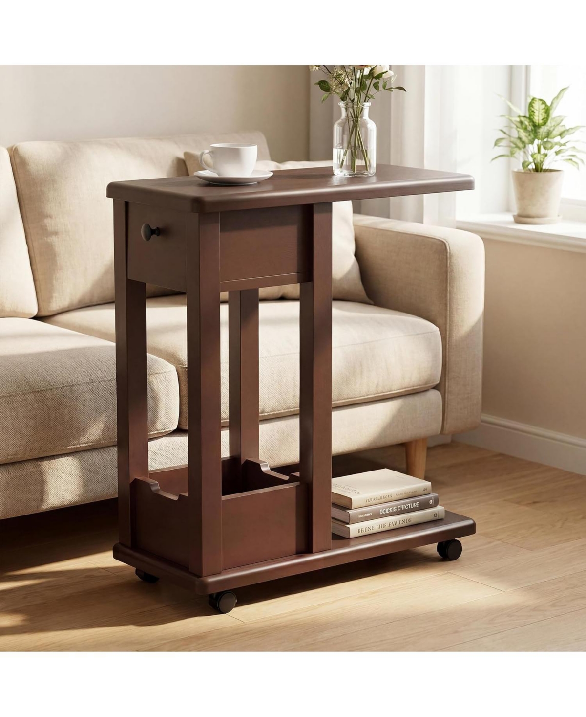 Tribesigns C-Shaped Side Table for Couch,Rolling Sofa End Table,2-Tier