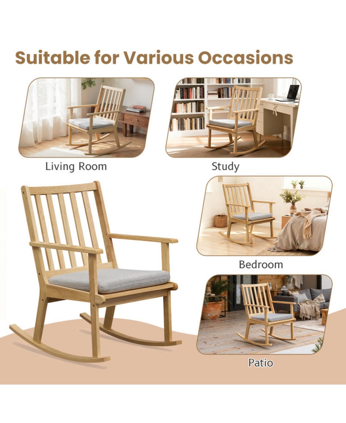 Sugift Solid Rubber Wood Rocking Chair with Removable Padded Seat Cushion