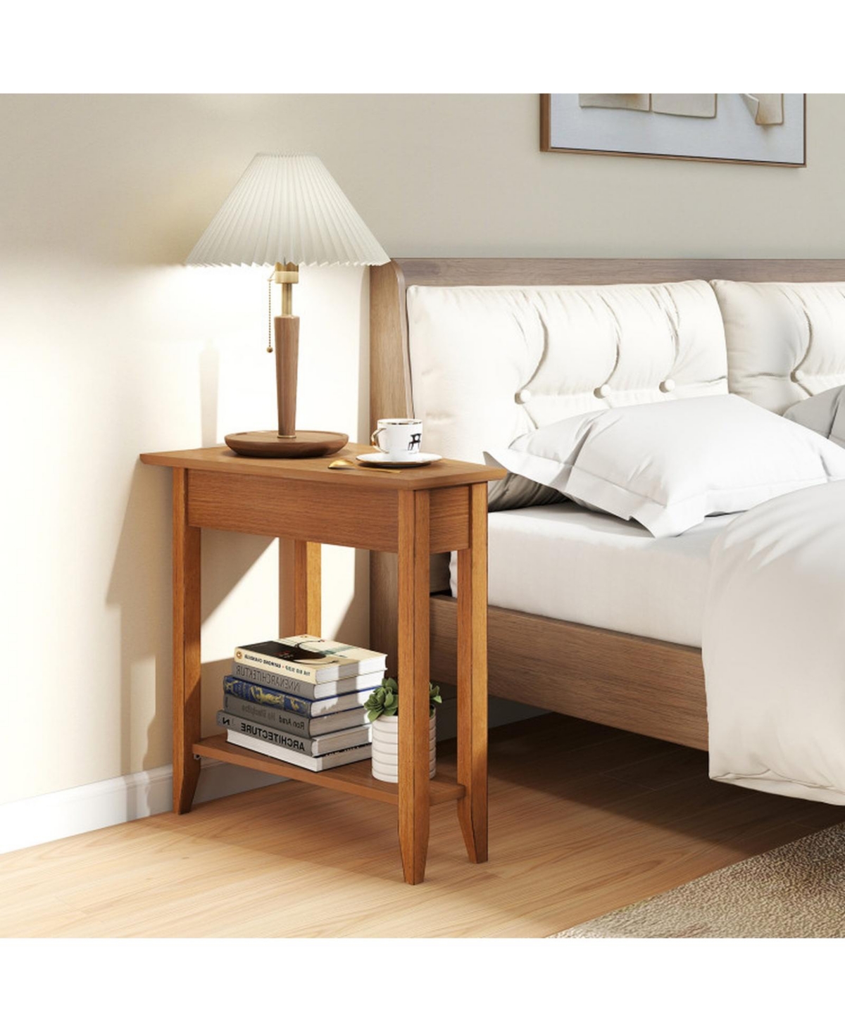 Sugift 2-Tier Wedge Narrow End Table with Storage Shelf and Solid Wood Legs
