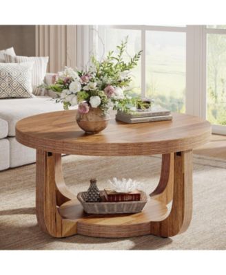 Round Coffee Table, 2-Tier Circle Coffee Table with Storage, Thick Tabletop and Base
