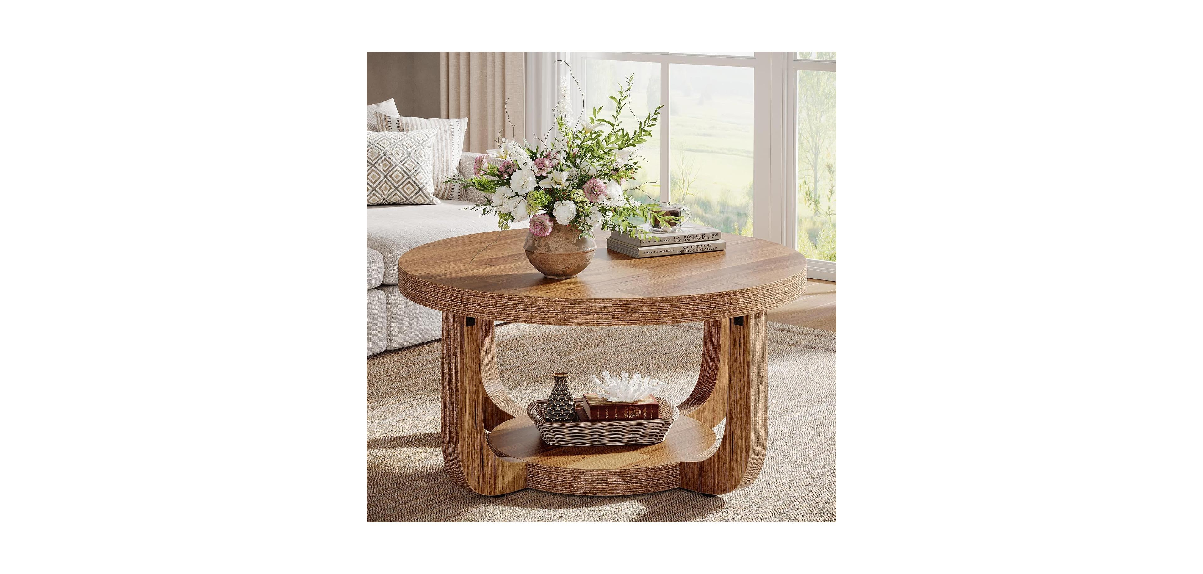 Tribesigns Round Coffee Table, 2-Tier Circle Coffee Table with Storage, Thick Tabletop and Base