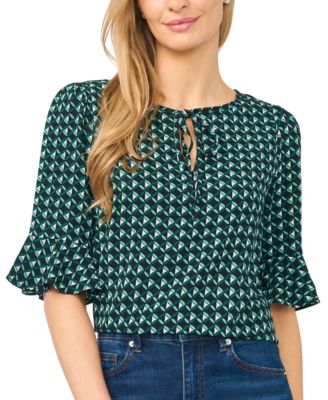 Women's Split-Tie-Neck 3/4-Sleeve Ruffle-Cuff Blouse