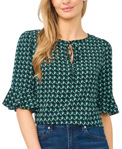 Женская блузка CeCe Split-Tie-Neck 3/4-Sleeve Ruffle-Cuff Blouse, цвет: Глубокий еловый