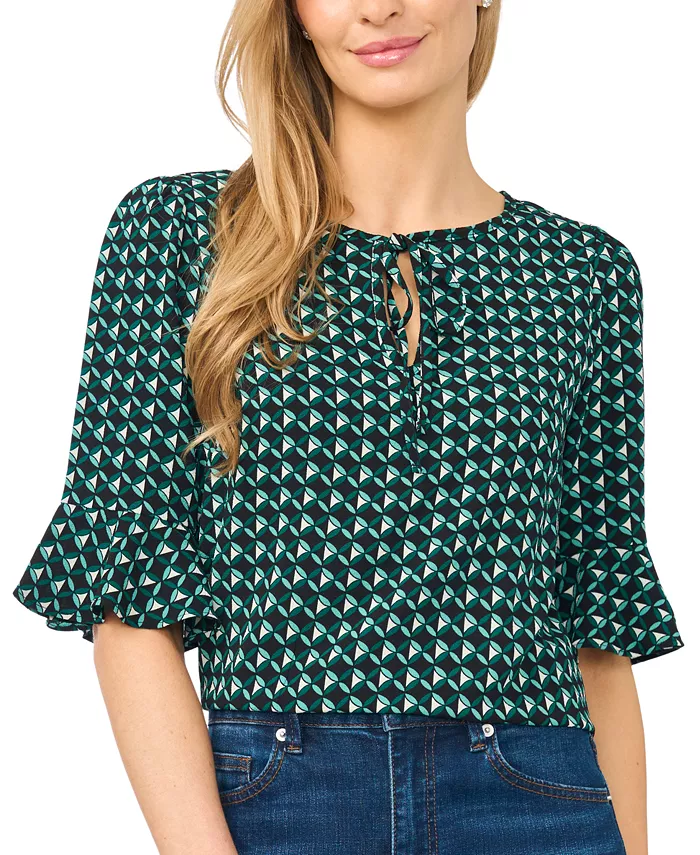 Women's Split-Tie-Neck 3/4-Sleeve Ruffle-Cuff Blouse