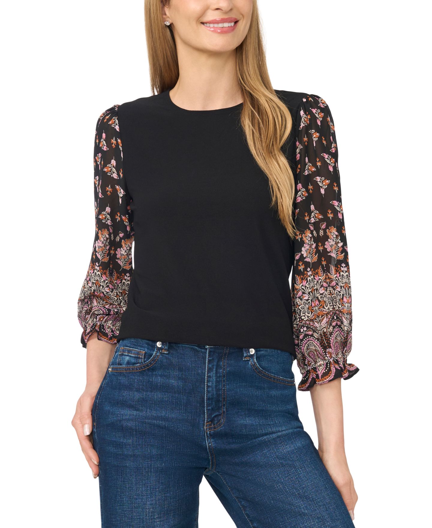 Женская блузка CeCe Mixed Media Crewneck Long-Sleeve Puff-Sleeve Blouse, цвет: Насыщенный чёрный — фото 2