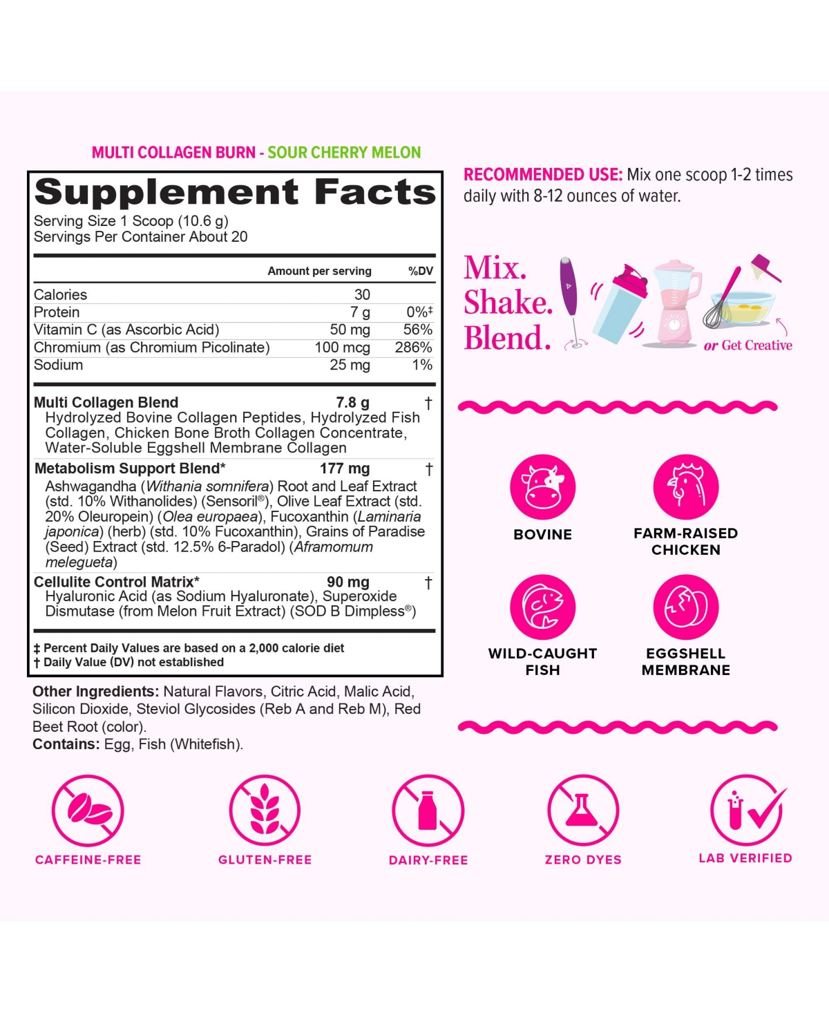 Vitauthority Multi Collagen Burn Supplement Caffeine Free Metabolism Support Collagen Peptides for Skin, Hair and Nails Sour Cherry Melon Flavor